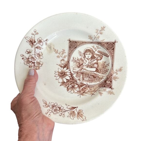 Rare Vintage British Aesthetic Brown Transfer Ware Girl with Rake 8.5” Plate - Picture 7 of 10